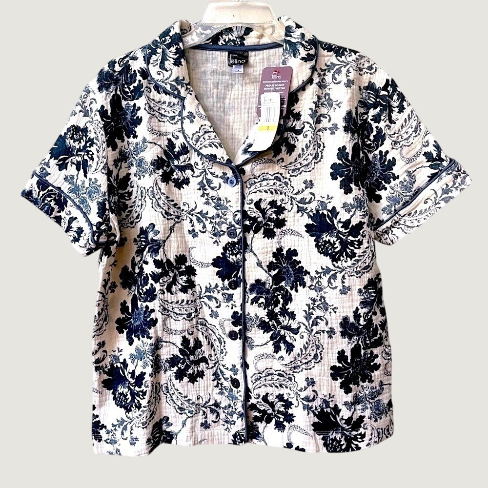 Felina Calista Floral Cotton Pajama Top Button Front Sleep Shirt Women Small NWT